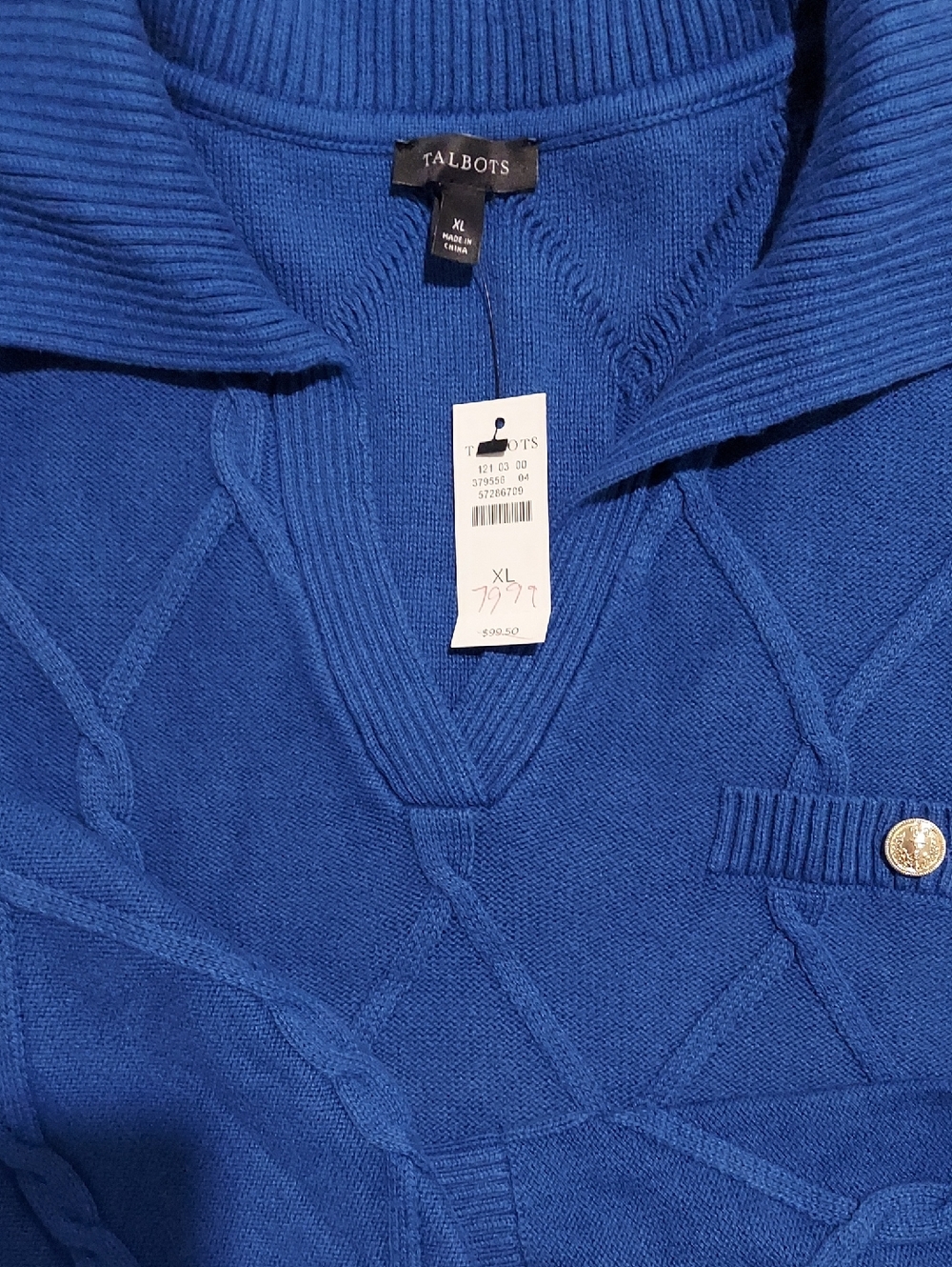 Talbots Women’s Royal Blue V-Neck Cable Knit Sweater